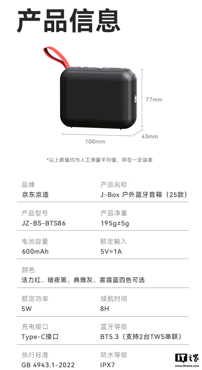 京东京造 J-Box 便携蓝牙音箱上市：IPX7 防水、重约 195g，89 元  第7张