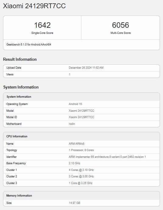 小米 REDMI Turbo 4 手机跑分曝光：首发天玑 8400-Ultra 芯片，16GB 内存